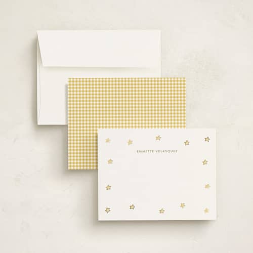 This is a sunshine foil stamped stationery with foil pressed by Angela Garrick called twinkle stars printing on signature in 4.25x5.5