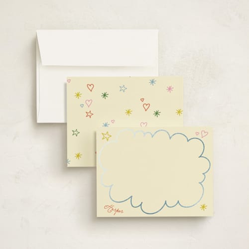This is a confetti foil stamped stationery with foil pressed by Inkblot Design called whimsy printing on signature in 4.25x5.5