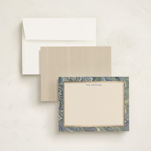 This is a blue spruce foil stamped stationery with foil pressed by Jenna Holcomb called marbled printing on signature in 4.25x5.5