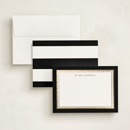 This is a midnight personalized stationery thank you cards with foil pressed by Carrie ONeal called gold notes printing on signature in 5x7