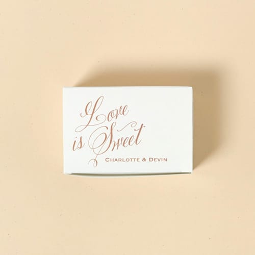 This is a beige wedding day of favors by ForYourParty called script love is sweet cake box, set of 50 in standard