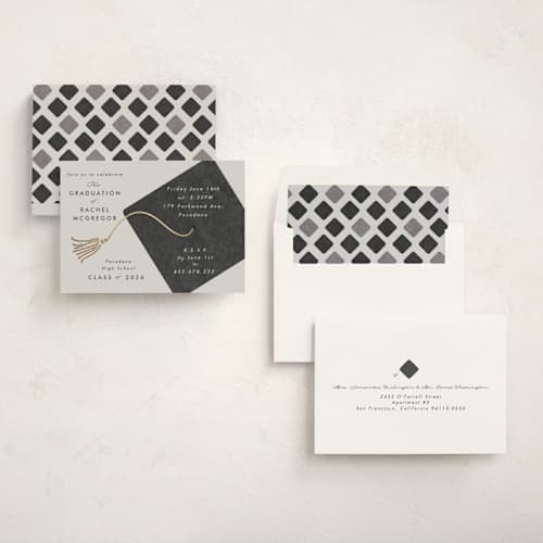 This is a smoke graduation invitations with foil pressed by Catherine Culvenor called shimmering tassel printing on signature in standard
