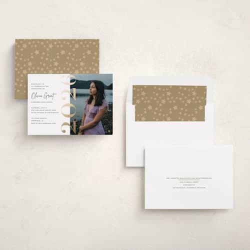 This is a sunshine graduation invitations with foil pressed by Teju Reval called pretty party printing on recycled smooth signature in standard
