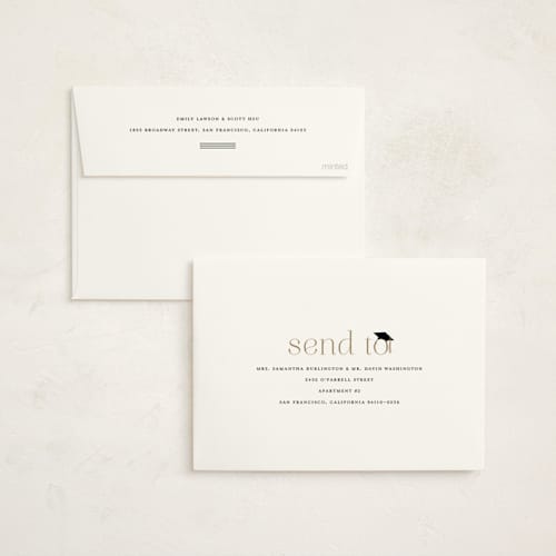 This is a cotton graduation invitations with foil pressed by Stacey Meacham called cap and year printing on signature in standard