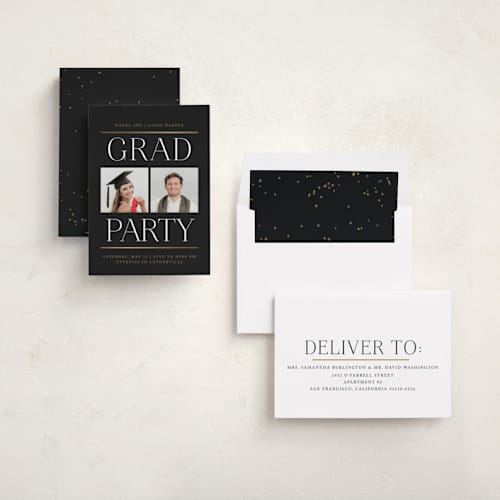 This is a cap and gown graduation invitations with foil pressed by Erin L. Wilson called double take printing on recycled smooth signature in standard