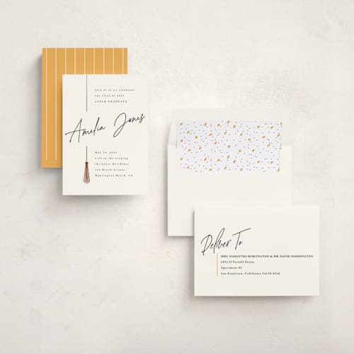 This is a pearl graduation invitations with foil pressed by Owl and Toad called written out printing on signature in standard