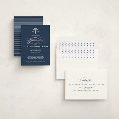 This is a navy graduation invitations with foil pressed by Jill Means called medical degree printing on signature in standard