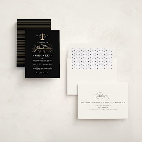 This is a ink graduation invitations with foil pressed by Jill Means called law degree printing on signature in standard