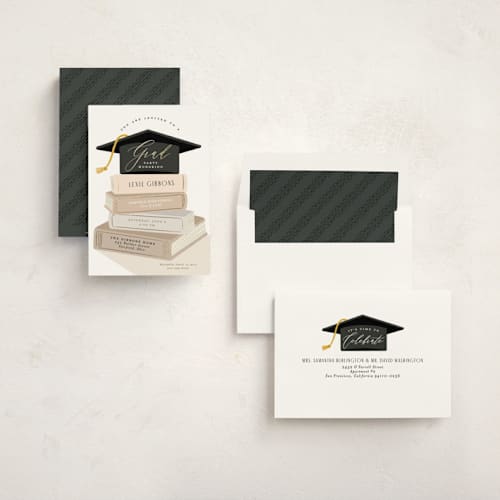 This is a ash graduation invitations with foil pressed by Susan Zinader called book stack printing on signature in standard