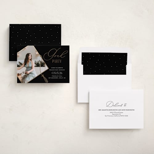 This is a noir graduation invitations with foil pressed by Ilze Lucero called grad party sleek printing on recycled smooth signature in standard