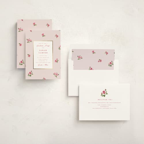 This is a blush graduation invitations with foil pressed by Teju Reval called romantic roses printing on signature in standard