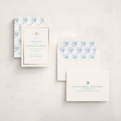 This is a sky blue graduation invitations with foil pressed by Megan Davis called chesapeake printing on signature in standard