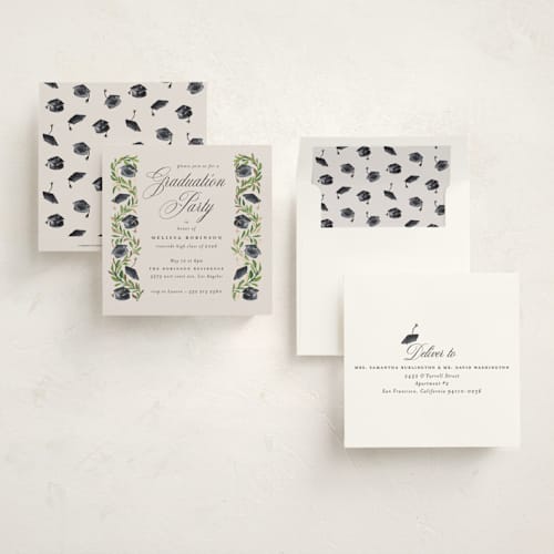 This is a neutral graduation invitations with foil pressed by Claudia Orengo called hats off printing on signature in standard
