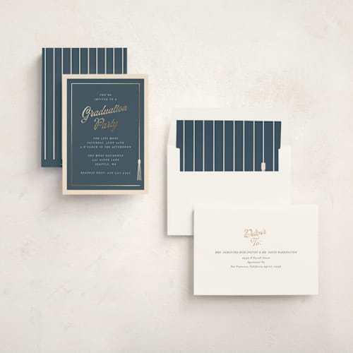 This is a navy graduation invitations with foil pressed by AK Graphics called tasseled printing on signature in standard