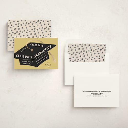 This is a citrus graduation invitations with foil pressed by Kristen Juckiewicz called caps off printing on signature in standard