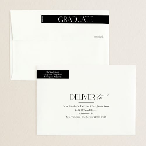 This is a licorice graduation announcements with foil pressed by Jessica Williams called scholarly surround printing on recycled smooth signature in petite