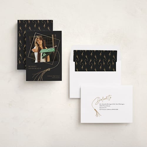 This is a chalkboard graduation announcements with foil pressed by Beth Murphy called tassel dance printing on recycled smooth signature in standard