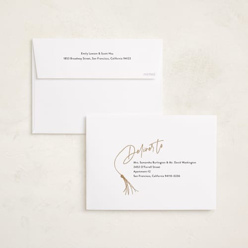 This is a chalkboard graduation announcements with foil pressed by Beth Murphy called tassel dance printing on recycled smooth signature in standard