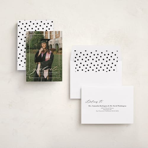 This is a ivory graduation announcements with foil pressed by Yaling Hou Suzuki called break boundaries printing on recycled smooth signature in standard