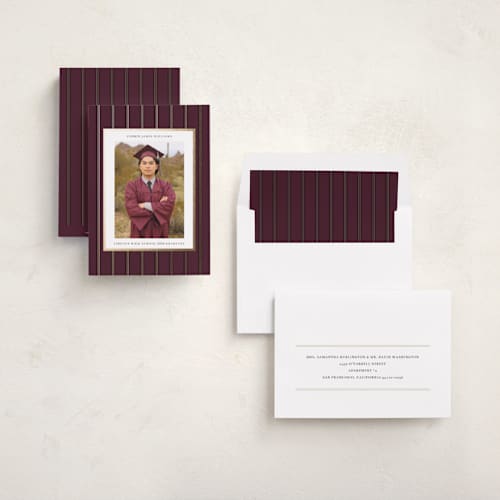 This is a burgundy graduation announcements with foil pressed by Baumbirdy called graduate stripe printing on recycled smooth signature in standard