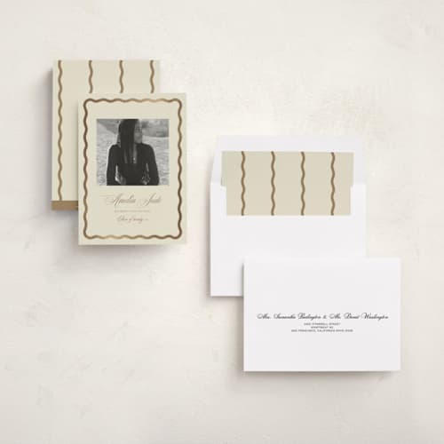 This is a buttercream graduation announcements with foil pressed by Jen Ramsey called amelia jude printing on recycled smooth signature in standard
