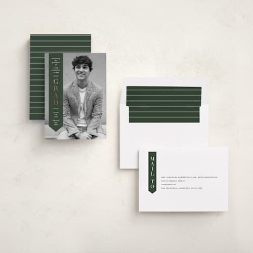 This is a pine graduation announcements with foil pressed by Lauren Chism called classic sash printing on recycled smooth signature in standard