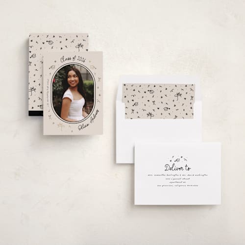 This is a onyx graduation announcements with foil pressed by Ashley Iwafuchi called illustrated grad printing on recycled smooth signature in standard