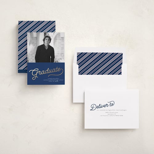 This is a navy graduation announcements with foil pressed by BR Designs called retro vintage grad printing on recycled smooth signature in standard