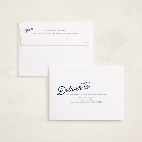 This is a navy graduation announcements with foil pressed by BR Designs called retro vintage grad printing on recycled smooth signature in standard