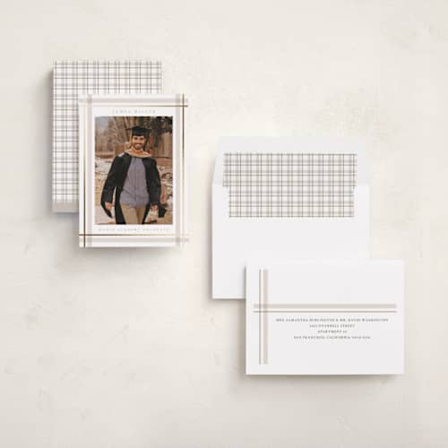This is a tan graduation announcements with foil pressed by Ashley Presutti Beasley called traditional plaid printing on recycled smooth signature in standard