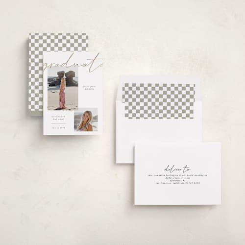 This is a chalkboard graduation announcements with foil pressed by Kelly Watkins called simple + script printing on recycled smooth signature in standard