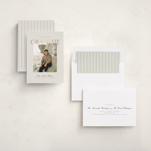 This is a linen graduation announcements with foil pressed by Ana de Sousa called timeless achievement printing on recycled smooth signature in standard