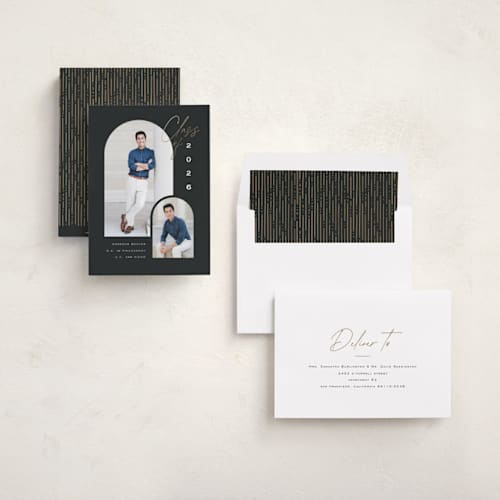 This is a chalkboard graduation announcements with foil pressed by Leah Bisch called our class printing on recycled smooth signature in standard