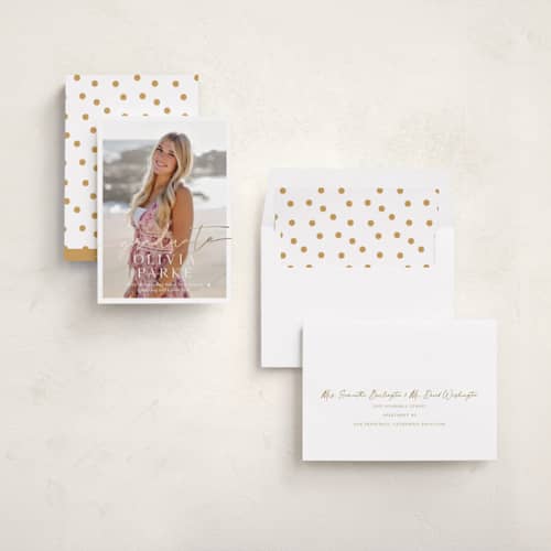 This is a snow graduation announcements with foil pressed by Sarah Curry called graduate script printing on recycled smooth signature in standard