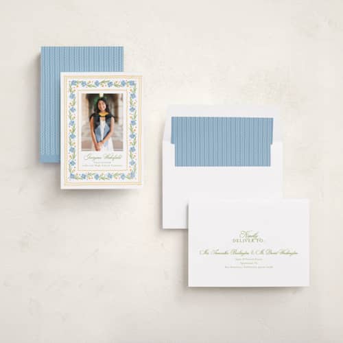 This is a sky graduation announcements with foil pressed by Melanie Kosuge called blooming printing on recycled smooth signature in standard