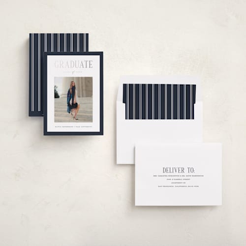 This is a navy graduation announcements with foil pressed by Christy Hy Lee called classic layout printing on recycled smooth signature in standard
