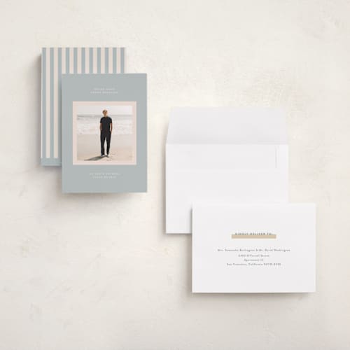This is a sky graduation announcements with standard by JoAnn Jinks called minimal printing on recycled smooth signature in grand