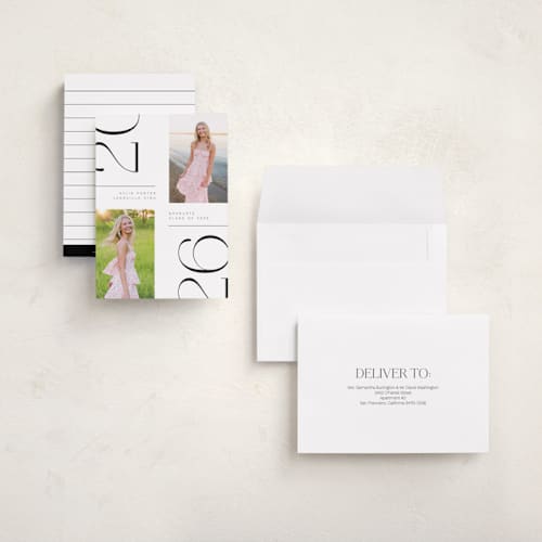 This is a pearl graduation announcements with standard by David Michuki called trim edges printing on recycled smooth signature in grand