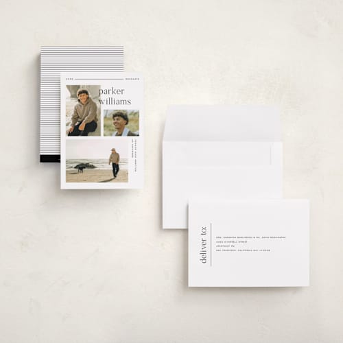 This is a onyx graduation announcements with standard by Pixel and Hank called margins printing on recycled smooth signature in grand
