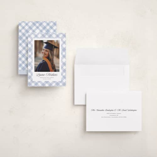 This is a powder graduation announcements with standard by Kampai Designs called gingham printing on recycled smooth signature in grand