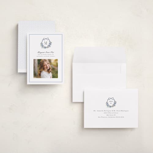 This is a cornflower graduation announcements with standard by Laura Hankins called floral crest printing on recycled smooth signature in grand