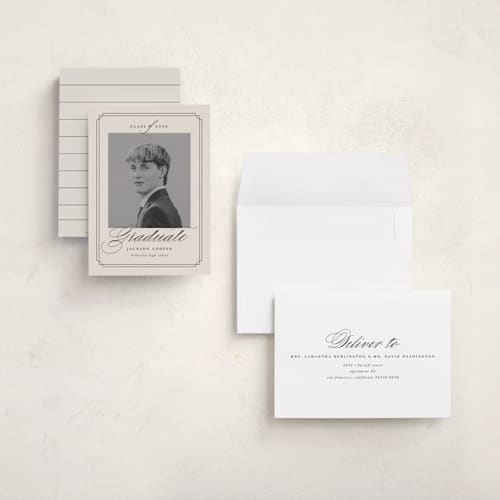 This is a taupe graduation announcements with standard by Ashley Iwafuchi called refined grad printing on recycled smooth signature in grand
