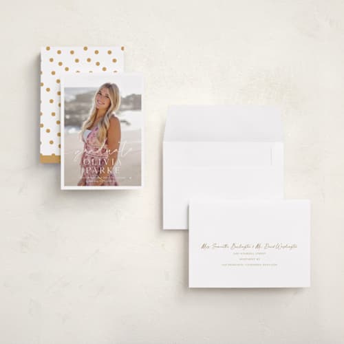 This is a snow graduation announcements with standard by Sarah Curry called graduate script printing on recycled smooth signature in grand