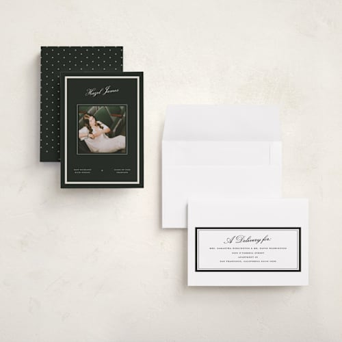 This is a jade graduation announcements with standard by Pixel and Hank called prepped printing on recycled smooth signature in grand