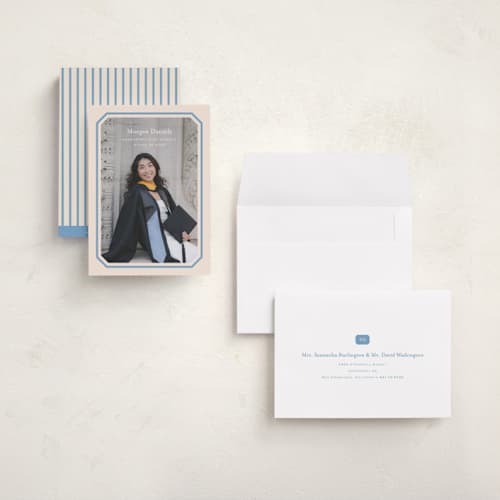 This is a robins egg graduation announcements with standard by Carolyn MacLaren called angled frame printing on recycled smooth signature in grand