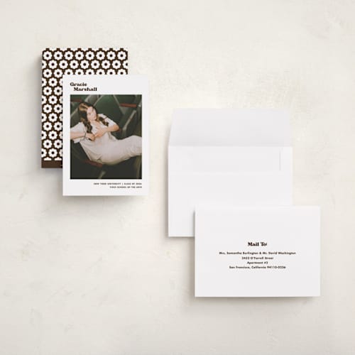 This is a espresso graduation announcements with standard by Megan Davis called vinyl printing on recycled smooth signature in grand
