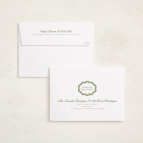 This is a matcha graduation announcements with standard by Melanie Kosuge called scalloped printing on recycled smooth signature in grand