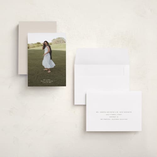 This is a cream graduation announcements with standard by JoAnn Jinks called titled printing on recycled smooth signature in grand