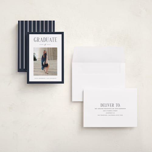 This is a navy graduation announcements with standard by Christy Hy Lee called classic layout printing on recycled smooth signature in grand