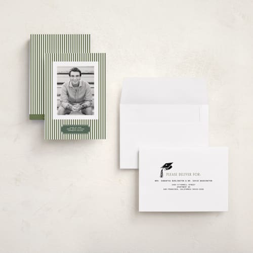 This is a pine graduation announcements with standard by Sherley Ferreira called stripes of success printing on recycled smooth signature in grand